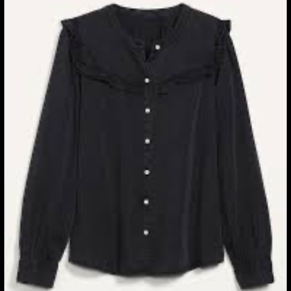 Old Navy Black Chambray Ruffle Yoke Button Front Top | Size M